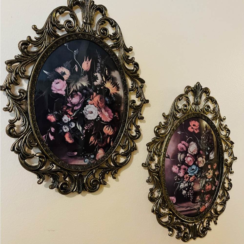 2 PICTURES ITALIAN Victorian Gold Metal Ornament Frames - Slight CONCAVE GLASS